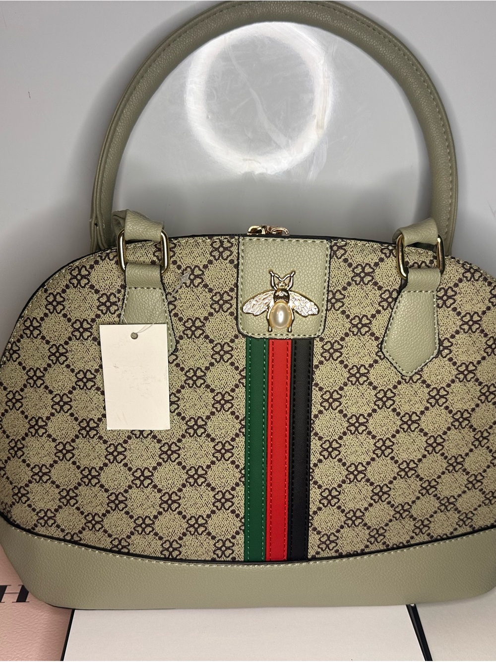 Designer-Style Green and Beige Top-Handle Satchel